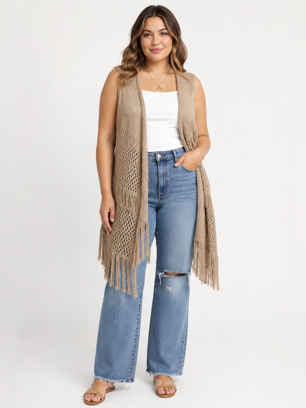 ALYX Taupe Crochet Open Knit Fringe Long Duster Vest Size 2X
